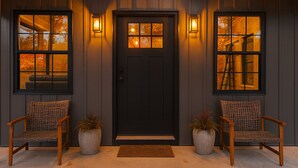 A dark wooden door with a window above it, flanked by two wicker chairs and two potted plants.