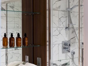 Hair dryer, towels, soap, shampoo