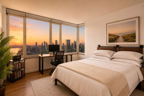 Un dormitorio con vista a la ciudad, un escritorio con computadora y una cama con muchos almohadones.