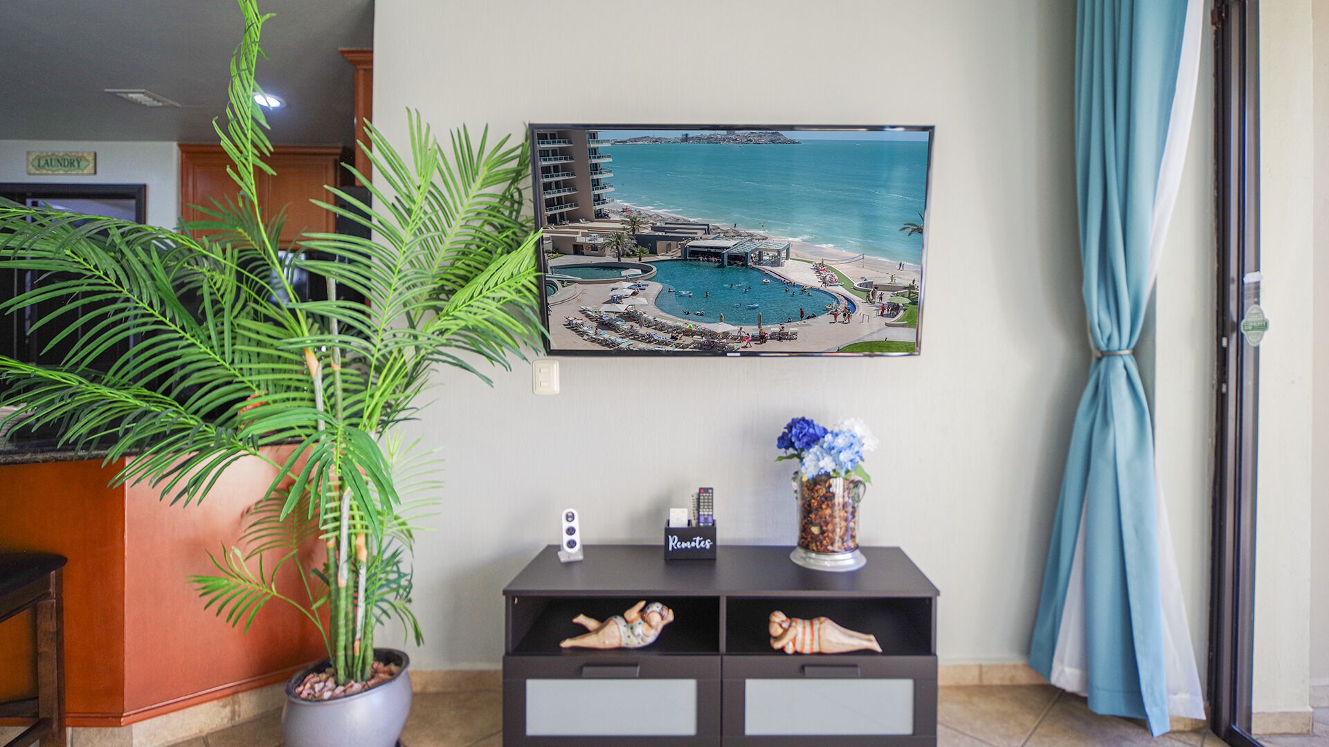 A living room with a large potted plant, a TV displaying a beach view, a small console table with a vase, and a blue curtain.