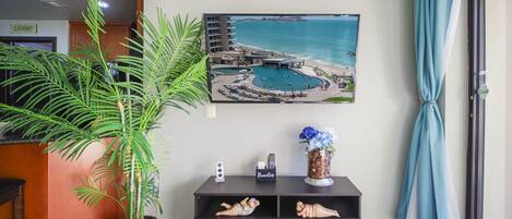 Un salon avec une grande plante en pot, un téléviseur diffusant une image de plage, une petite console sur laquelle est posé un vase, et un rideau bleu.