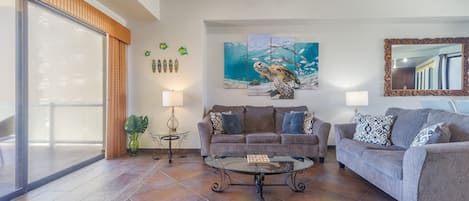 Condo, Multiple Beds, Balcony, Ocean View (Las Palomas Resort Cabrillo 401) | Living area | 42-inch flat-screen TV with digital channels