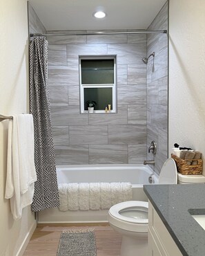 Shower, hair dryer, towels, soap