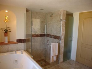Jetted tub, hair dryer, towels, soap