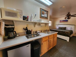 Fridge, microwave, stovetop, toaster