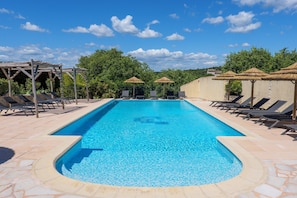 Piscina rectangular con borde de azulejos, rodeada de sillas de descanso y sombrillas, con árboles y cielo despejado de fondo.