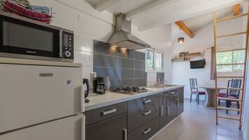 Fridge, microwave, stovetop, coffee/tea maker
