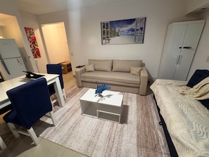 A compact living space with a kitchenette, a sofa, a coffee table, and a bed.