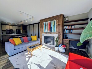 TV connectée, cheminée, livres, médiathèque