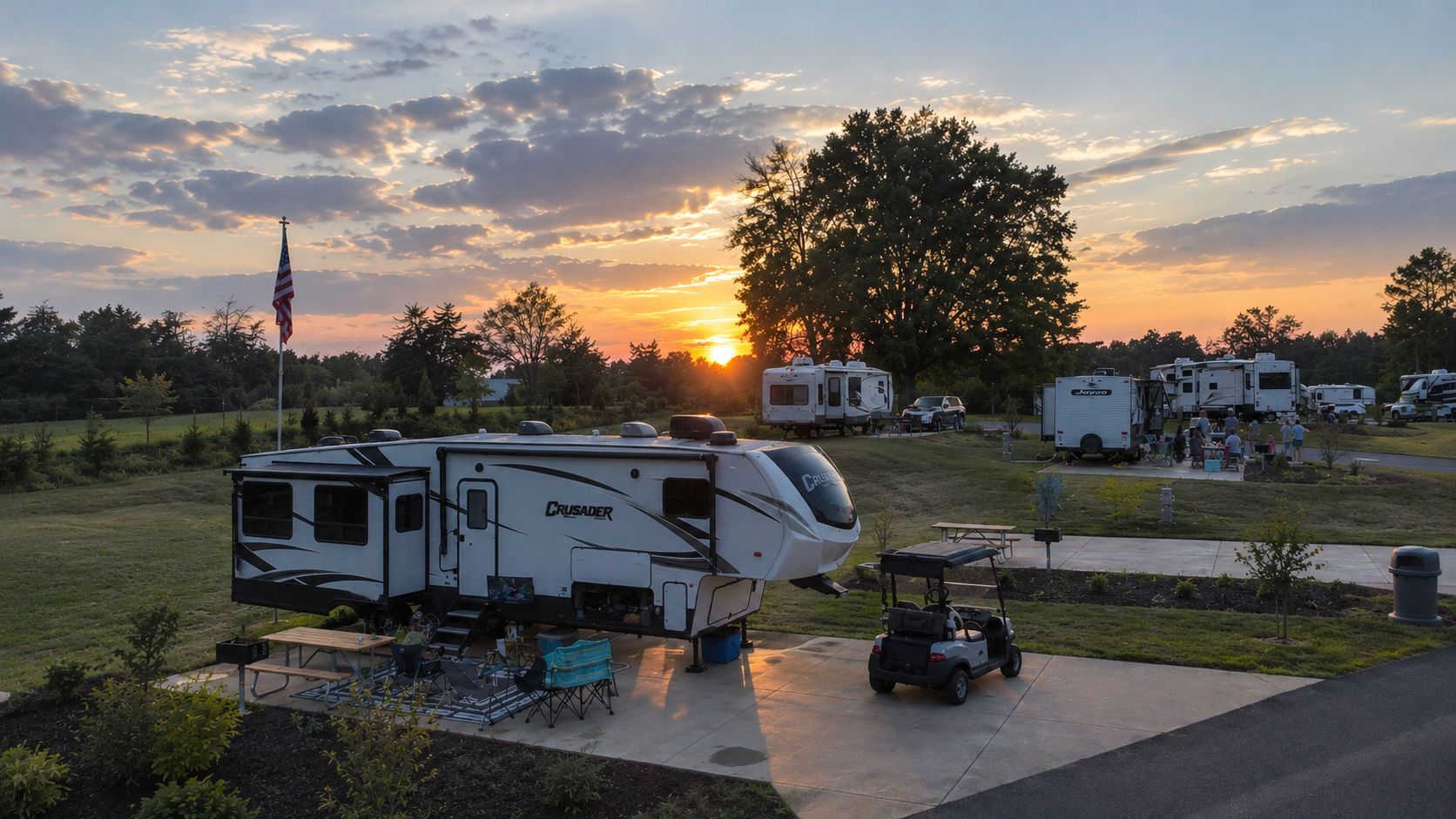 A campsite with RVs and a golf cart, a picnic table, and a flagpole.