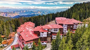 Un ensemble d’immeubles à plusieurs étages, coiffés de toits rouges, entourés d’une forêt dense et avec des montagnes en arrière-plan.