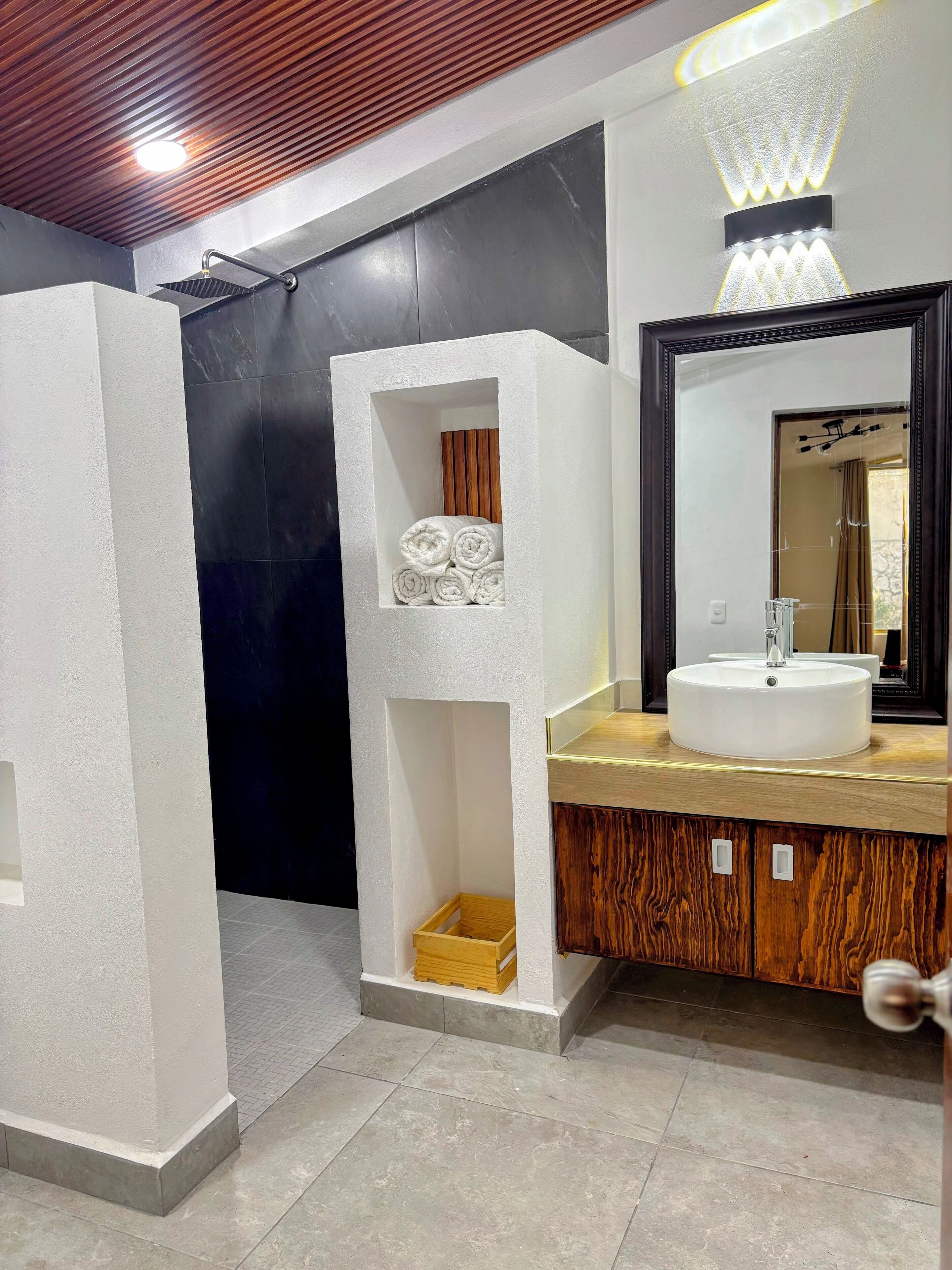 Hair dryer, towels, soap, toilet paper