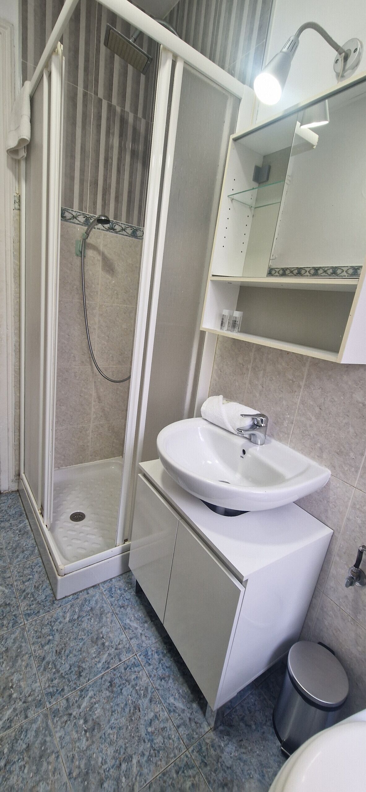 Een douche, een haardroger, handdoeken, shampoo