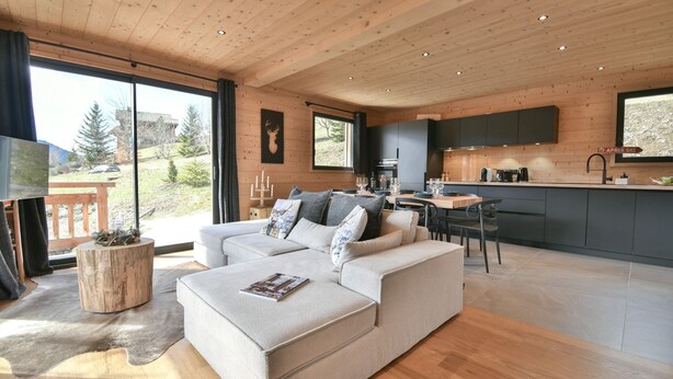 Een moderne woonkamer met een bank, een salontafel en een televisie. Er is een eethoek met een tafel en stoelen, en een keuken met kastjes en een spoelbak.