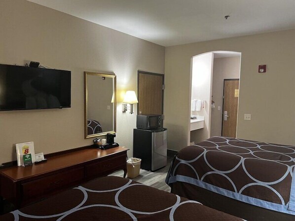 Desk, laptop workspace, blackout curtains, iron/ironing board