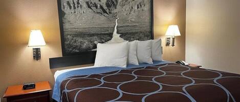 A hotel room with a large bed, two bedside lamps, a nightstand with a radio, and a mountain landscape painting on the wall.