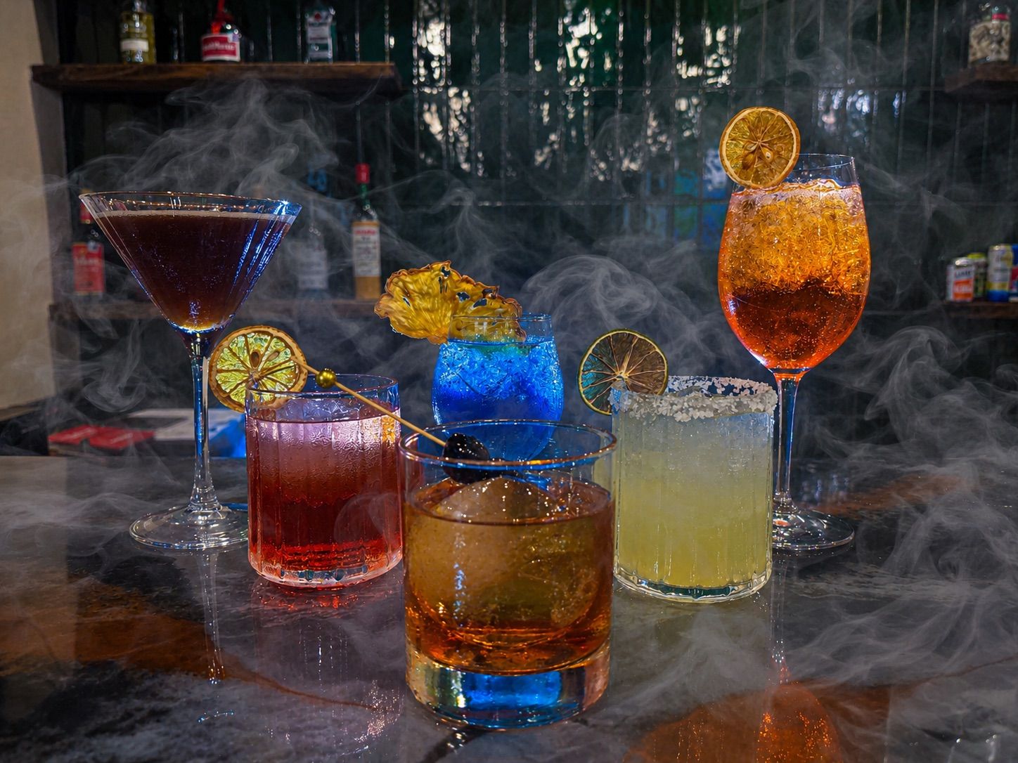 A bar setting with various drinks in glasses, some with ice and garnishes.