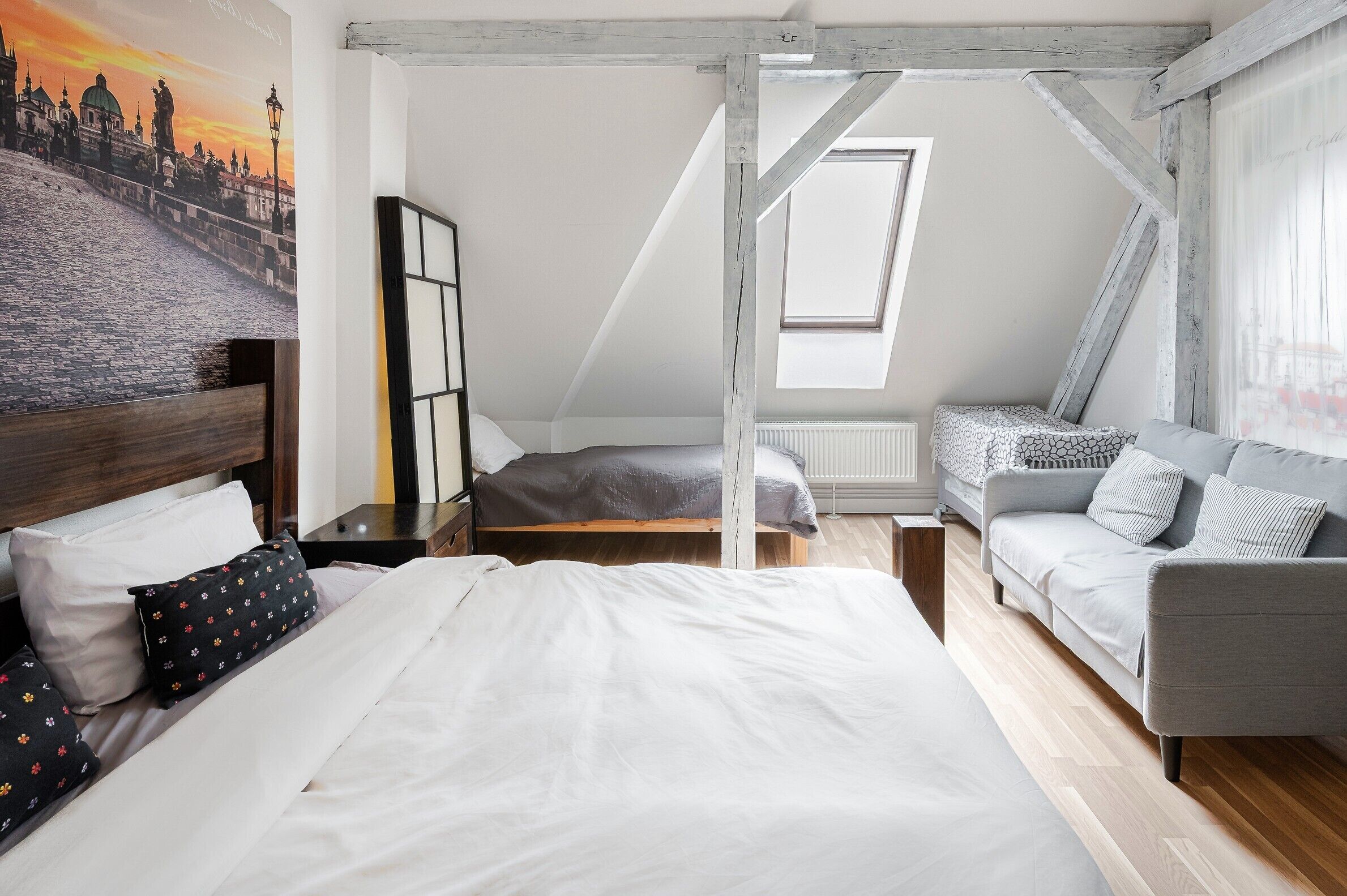 Desk, laptop workspace, blackout drapes, soundproofing