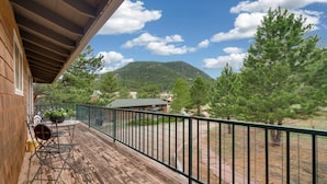 Una terraza de madera con baranda metálica, con vistas a un paisaje montañoso con árboles.