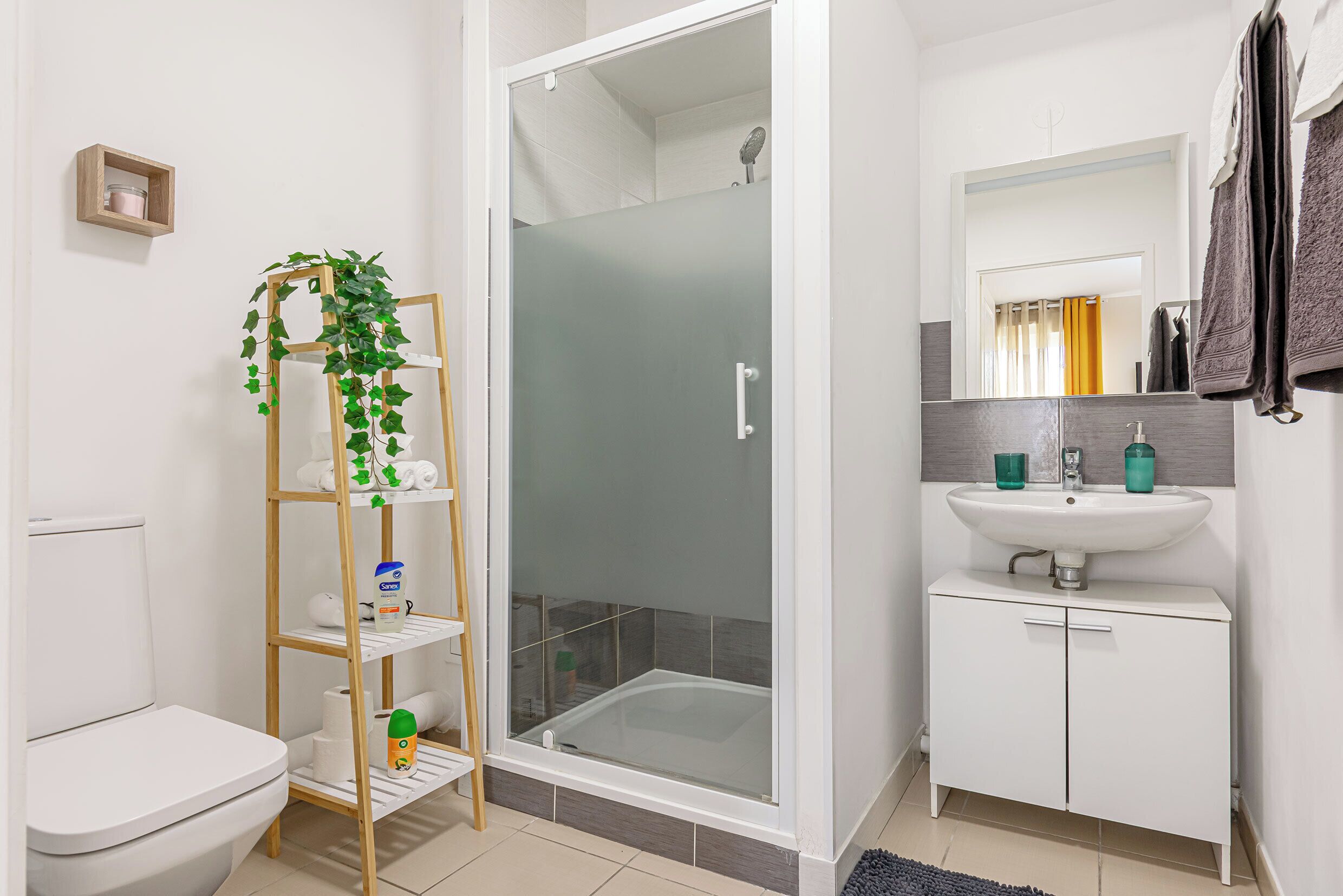 Un baño con inodoro, ducha con mampara de vidrio, lavabo con espejo y repisa con artículos de aseo.