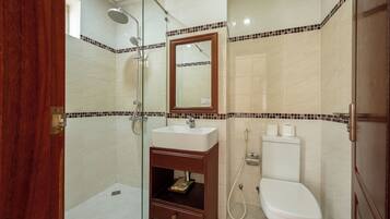 Un baño con cabina de ducha de vidrio, un lavabo blanco, un mueble de tocador de madera, un inodoro y un espejo.