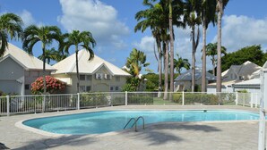 A swimming pool with a stone deck, surrounded by a white fence, palm trees, and houses with white roofs.