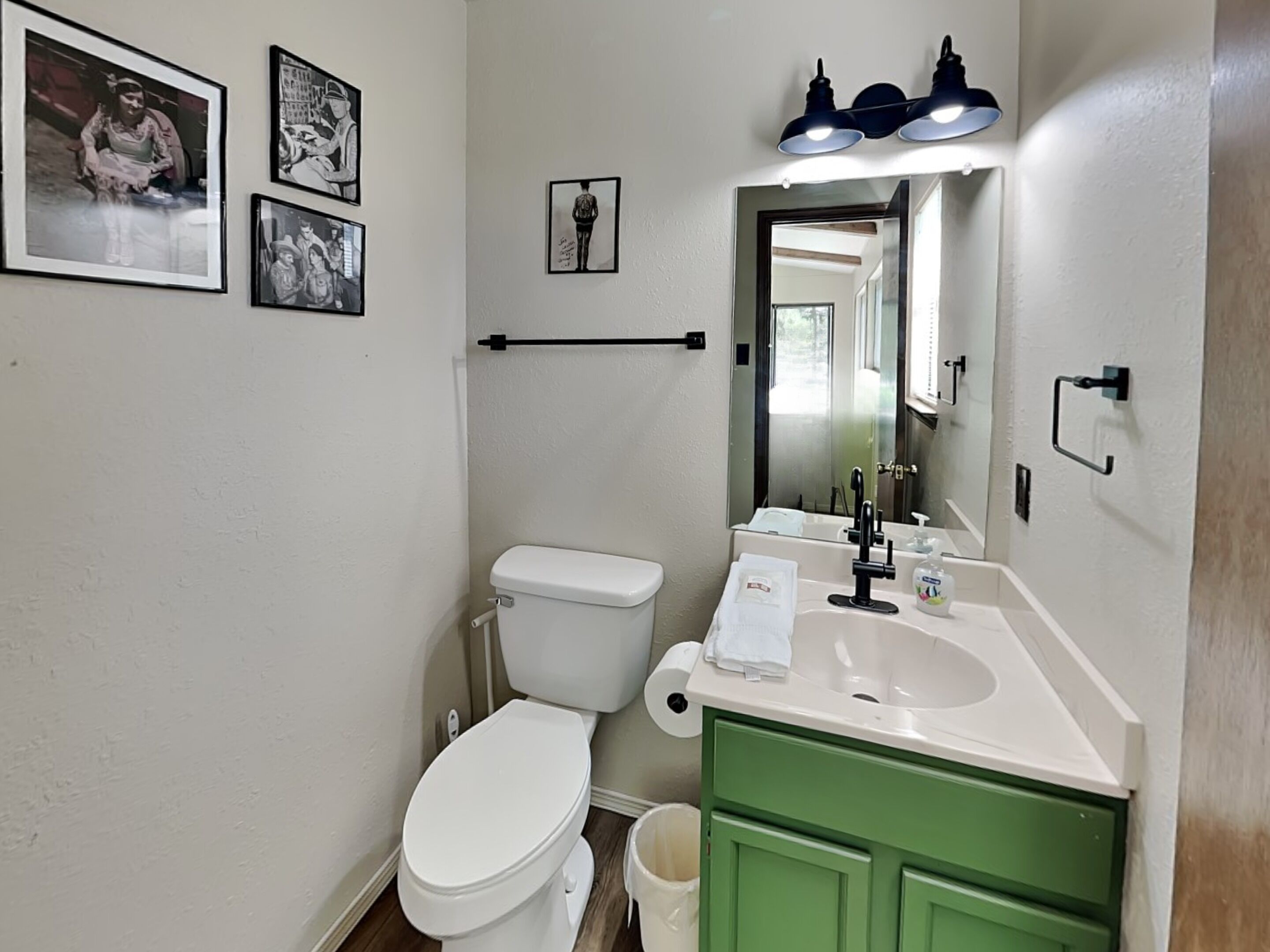 Een badkamer met een wit toilet, een groene wastafel en drie ingelijste foto’s aan de muur.