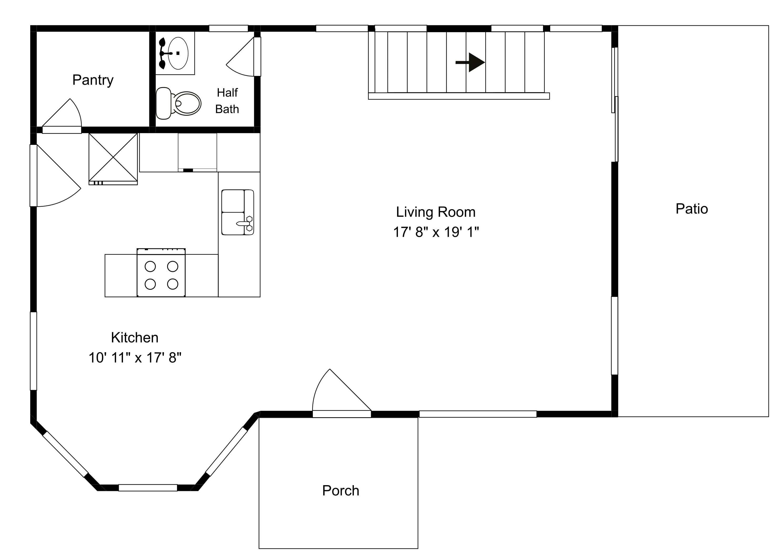 Plantegning med et køkken, viktualierum, gæstetoilet, opholdsstue, terrasse og veranda.