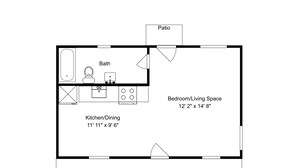 Un plan d’étage comprenant un patio, une salle de bain, une cuisine/salle à manger et une chambre/salon.