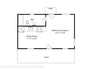 A floor plan with a patio, a bathroom, a kitchen/dining area, and a bedroom/living space. - Blue Marlin #11 (Rockport)