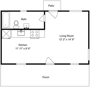 Plano de planta de una casa con sala de estar de 3,7 x 4,5 metros, cocina de 3,6 x 2,9 metros, un baño, un patio y un porche.