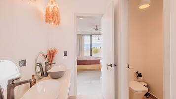 Hair dryer, towels, soap, toilet paper