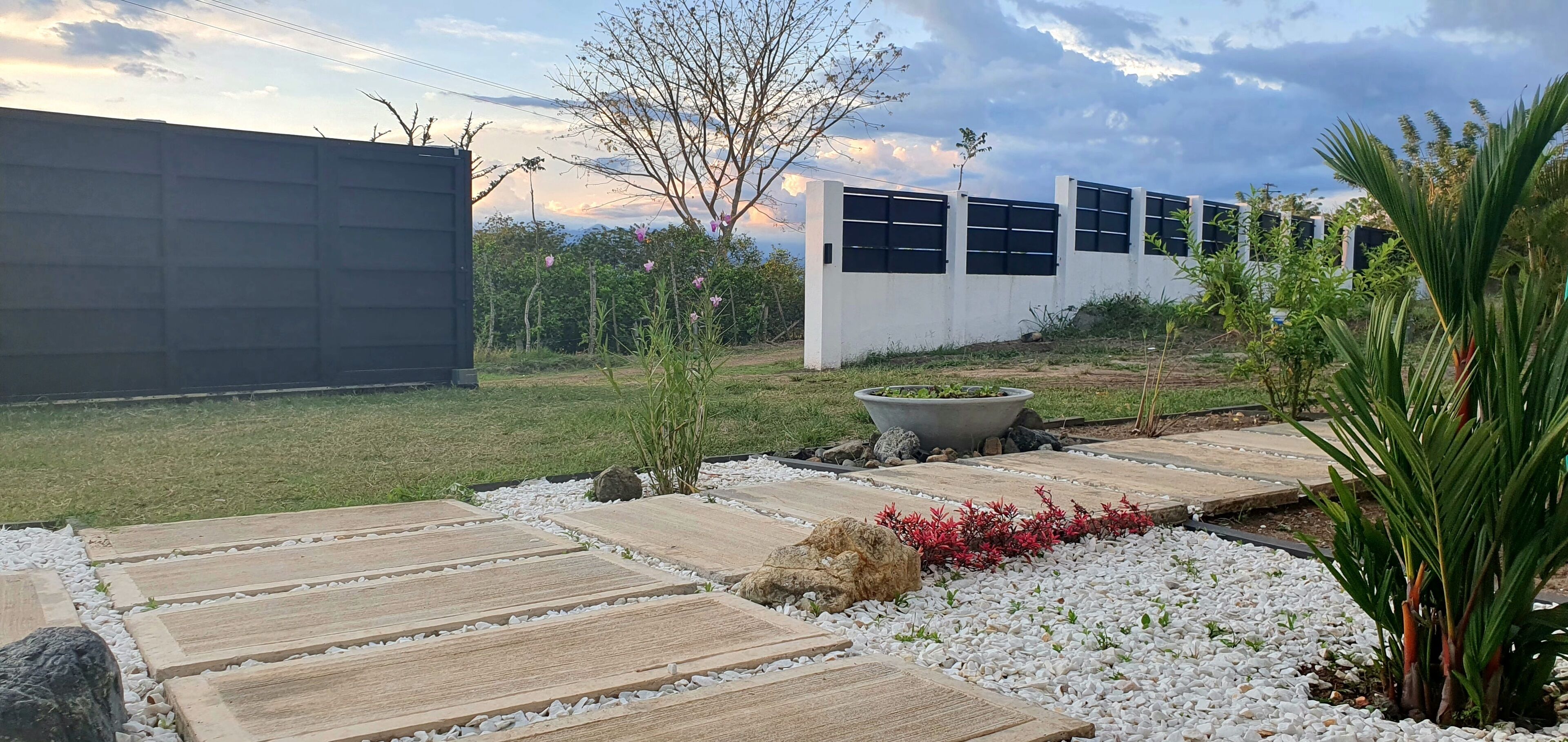 Uma área externa moderna com um caminho pavimentado, um grande vaso e diversas plantas.