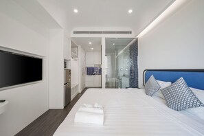 Desk, laptop workspace, blackout curtains, soundproofing