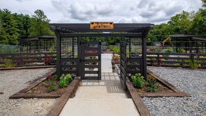 Une entrée menant aux jardins de Valley Bear Farms, avec une pergola en bois et un chemin de gravier.