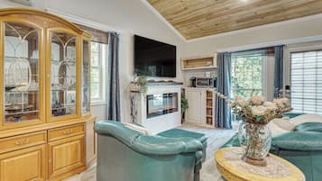 Télévision, cheminée, livres