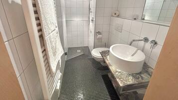 Shower, hair dryer, towels, toilet paper