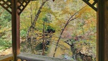 A wooden gazebo with a lattice roof overlooking a forested area with a stream.