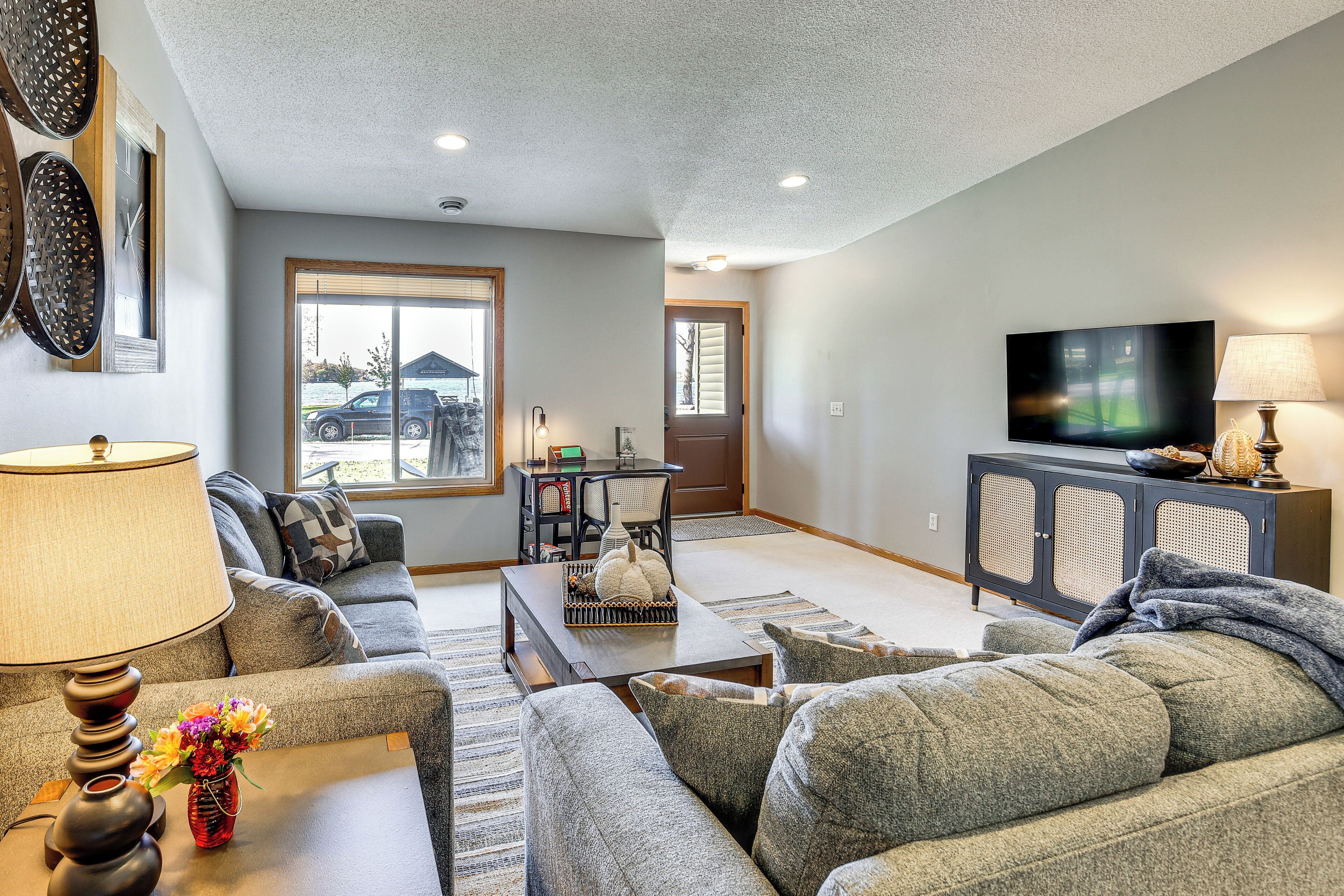 TV, fireplace, books