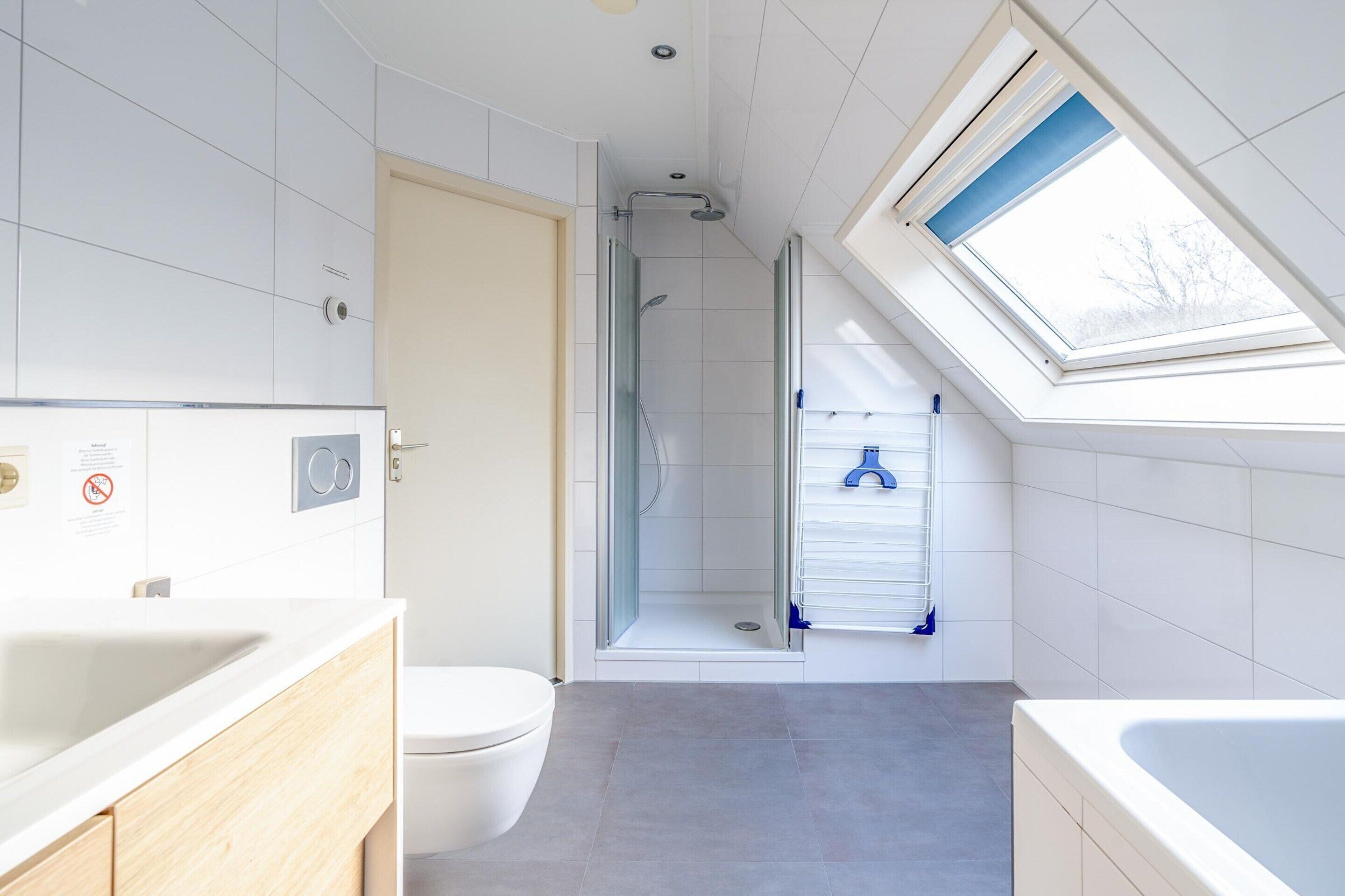 A modern bathroom with a skylight, a shower, and a toilet.