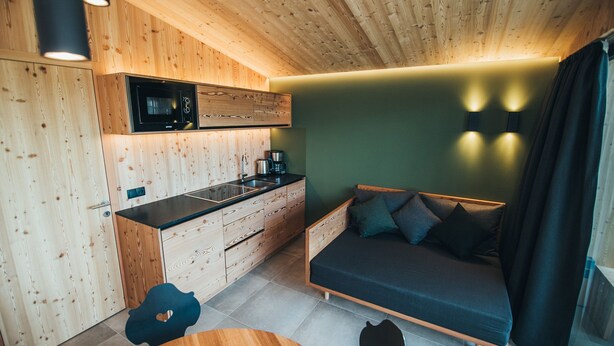 A compact room with a kitchenette, a bed, and a dining area. - Aparthotel Bacher (Bressanone)