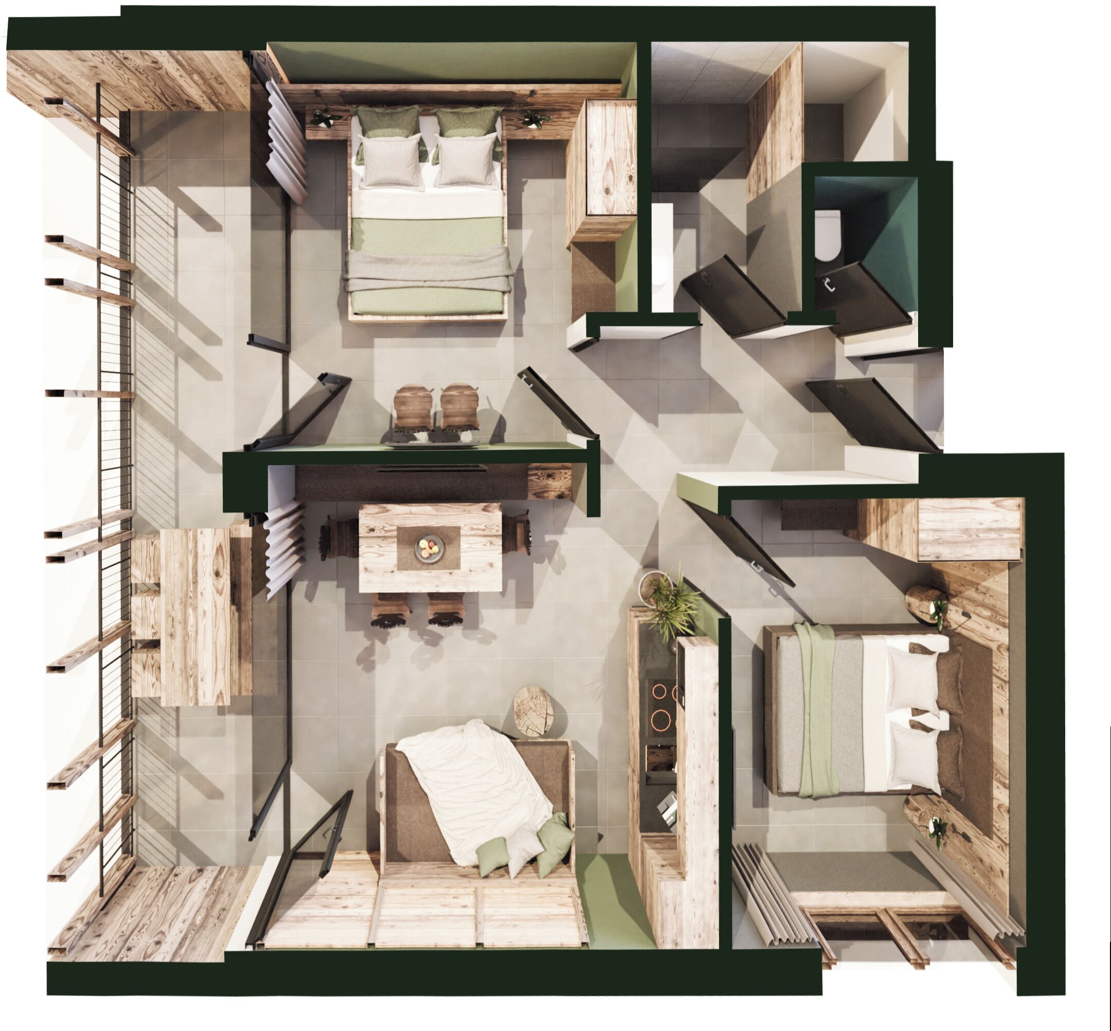 Distribución moderna de un apartamento con cocina, comedor, dos habitaciones, un baño y un pequeño balcón.
