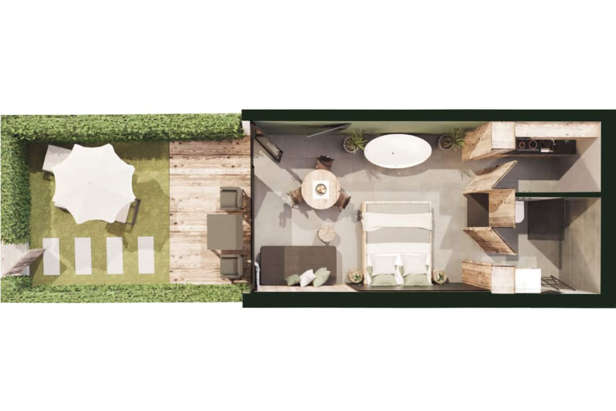 A modern kitchen with a central island, a built-in oven, and a sink.