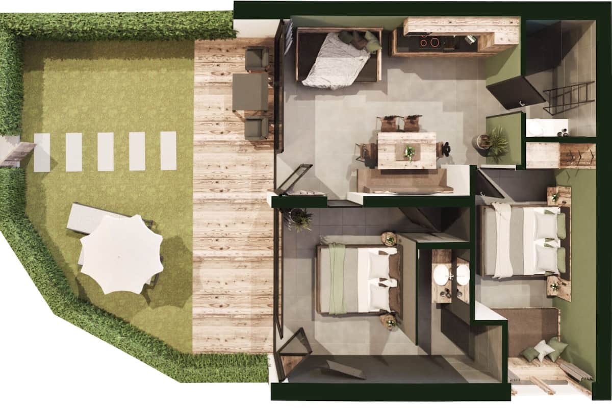 A modern interior with a kitchen, dining area, and a small outdoor seating area.