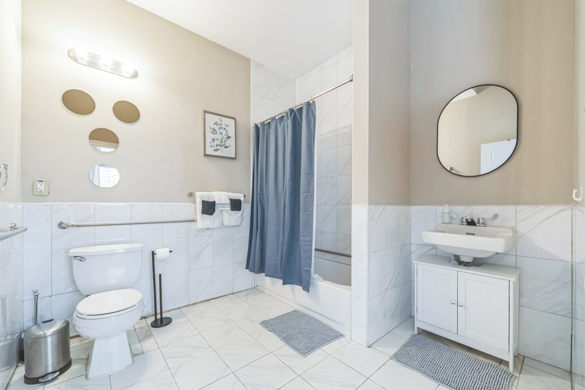Hair dryer, towels, soap, toilet paper