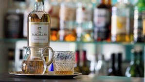 Una botella de whisky Macallan sobre una bandeja con un vaso y una jarra, sobre un fondo desenfocado de varias botellas.