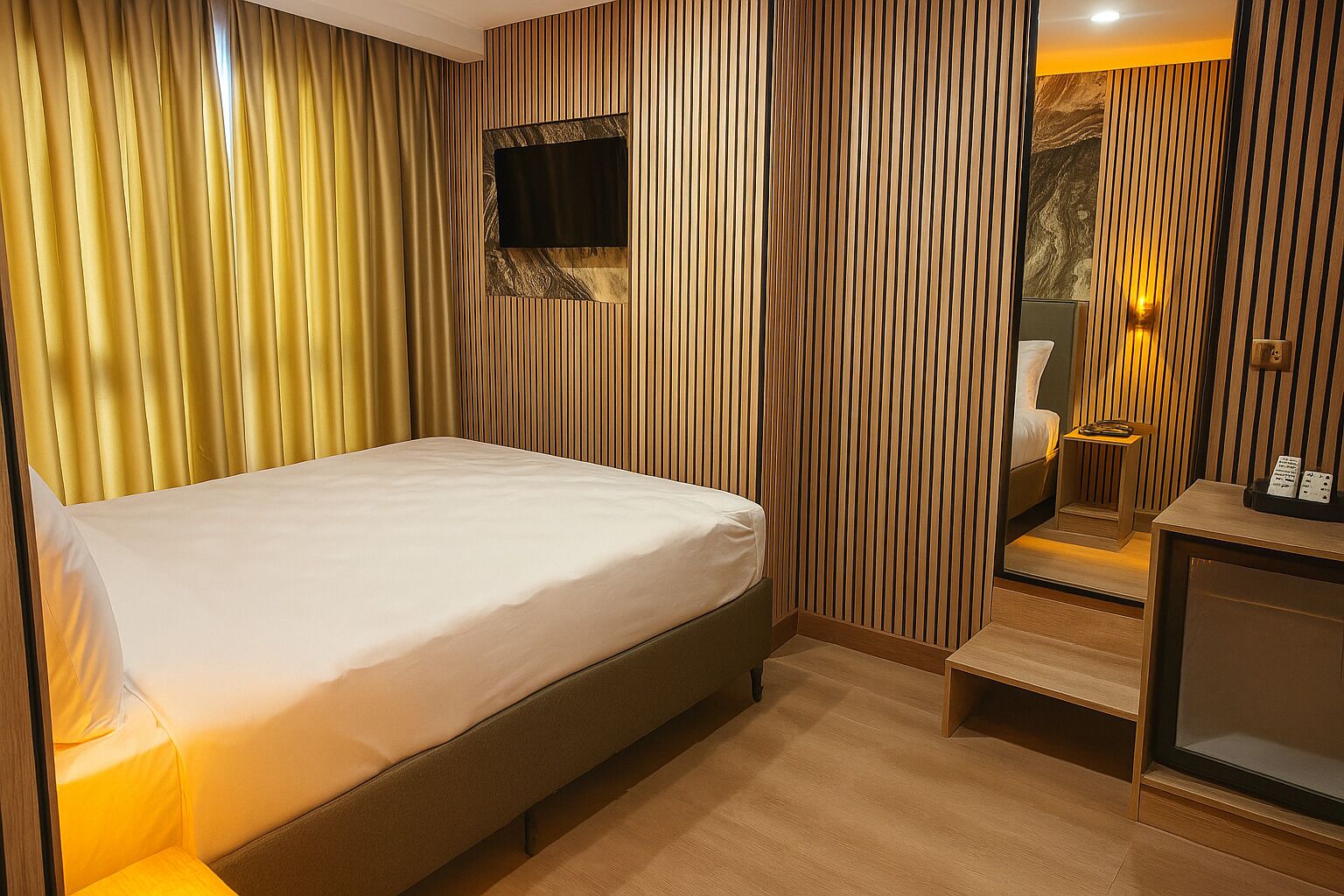 A hotel room with a bed, a TV mounted on the wall, a bedside table, and a mirror.