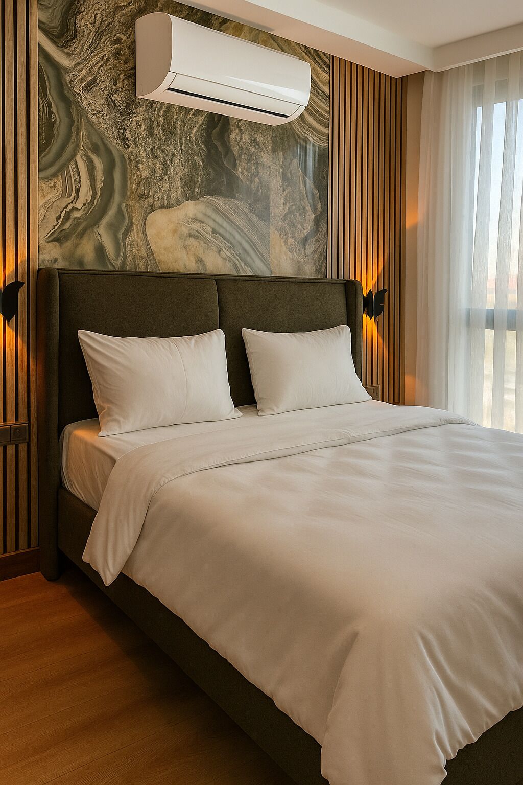 خزنة داخل الغرفة ومساحة عمل للكمبيوتر المحمول وستائر تعتيم