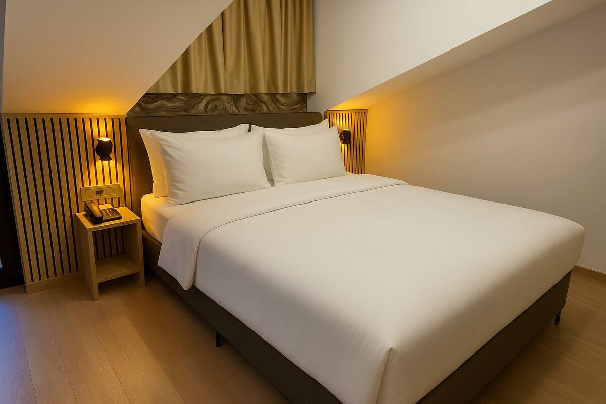 A modern hotel room with a neatly made bed, a bedside table with a lamp, and a sloped ceiling.