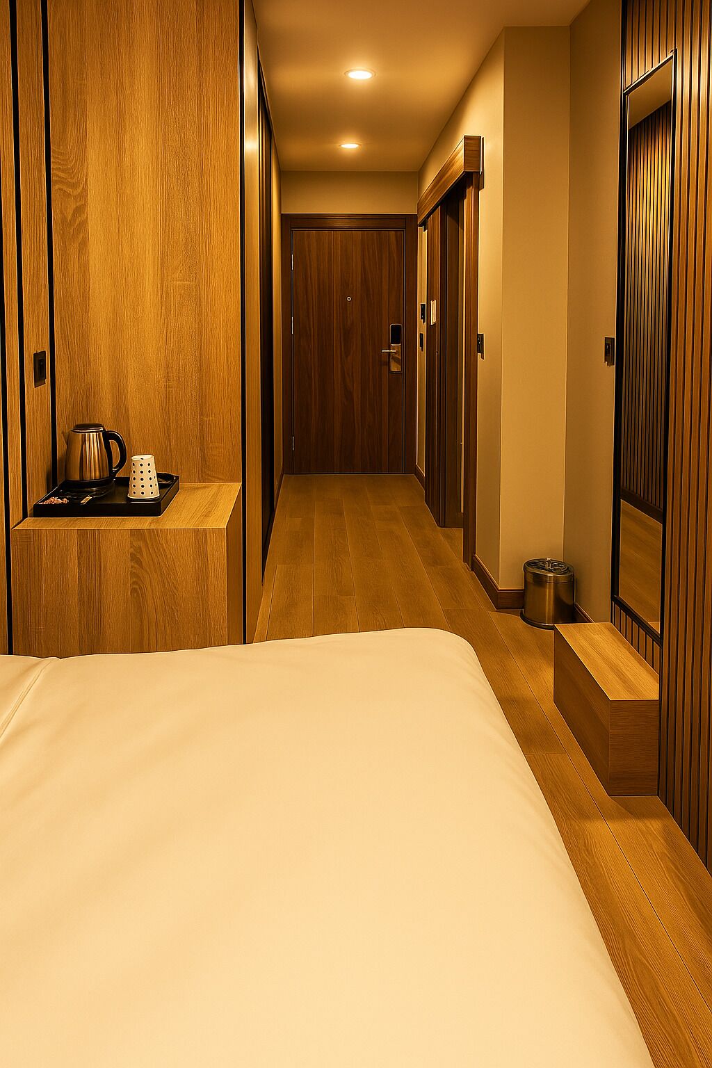 Een hotelkamer met een groot bed, een houten kledingkast, een kleine tafel met waterkoker en beker, en een prullenbak.